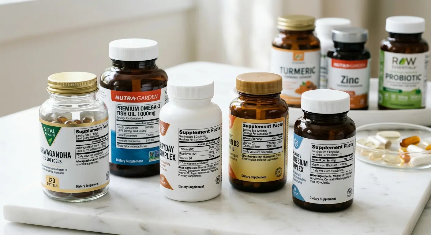 Various supplement bottles with nutrition labels showing milligram counts