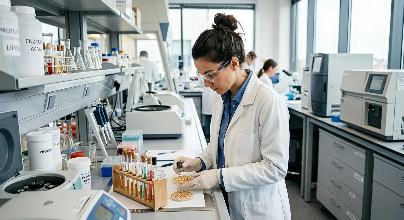 Biochemist analyzing enzyme supplement samples in a laboratory