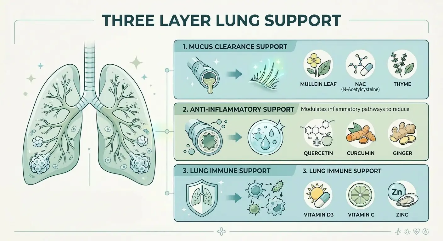 Three-layer lung support infographic showing mucus clearance, anti-inflammatory, and immune support layers