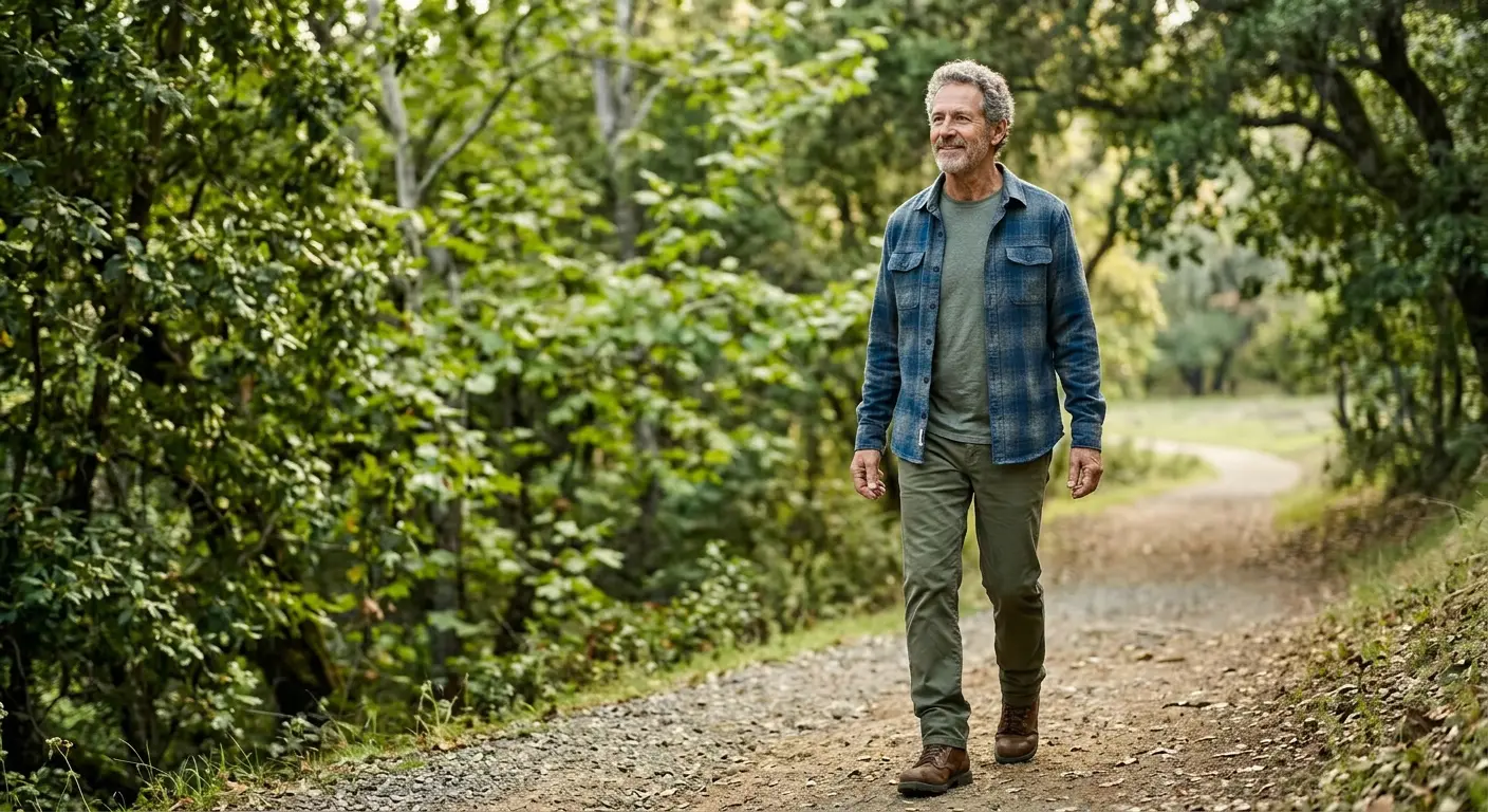 Older man walking outdoors on a nature trail, breathing easily