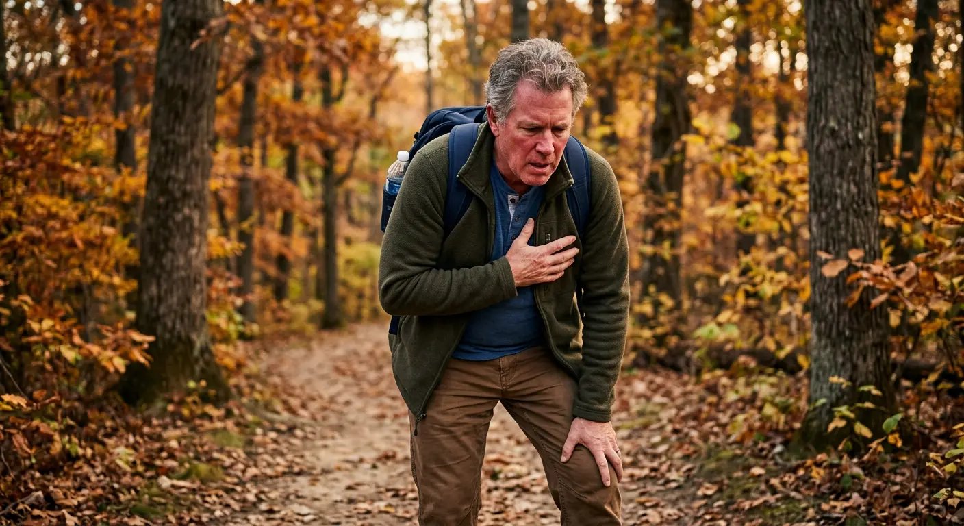 Man with breathing problems on a walk