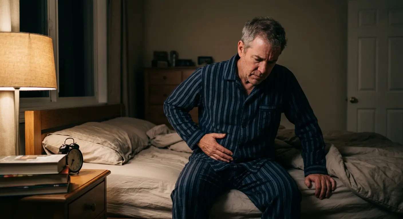 Older man sitting on bed at night experiencing prostate discomfort