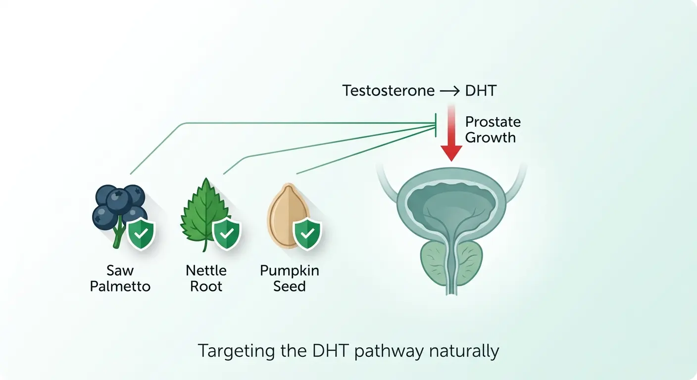Elegant scientific infographic showing saw palmetto, nettle root and pumpkin seed blocking the DHT pathway to support prostate health naturally