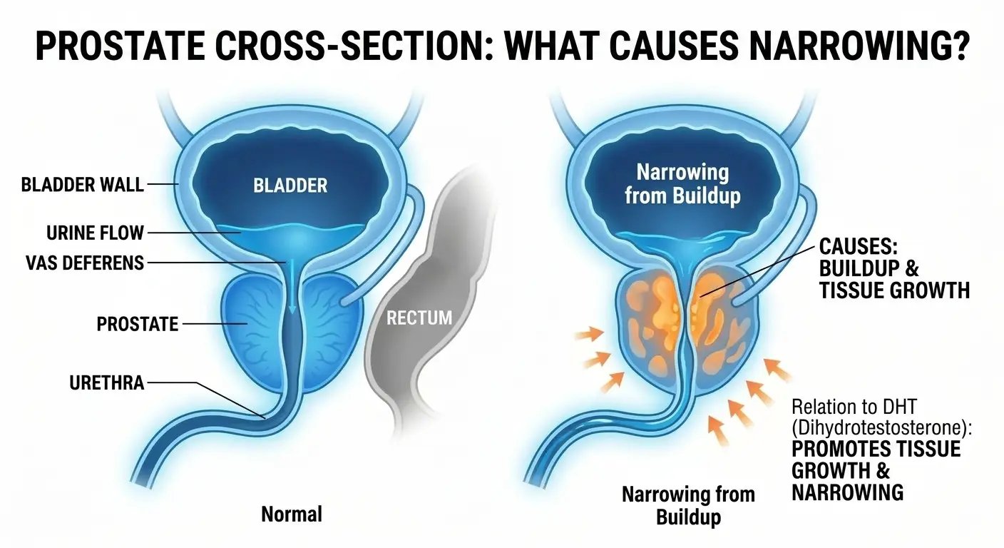 DHT buildup narrows the prostate – water pipe metaphor